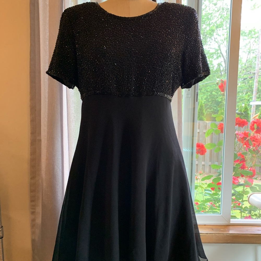 Vintage 1980s Laurence Kazar New York black beaded cocktail dress